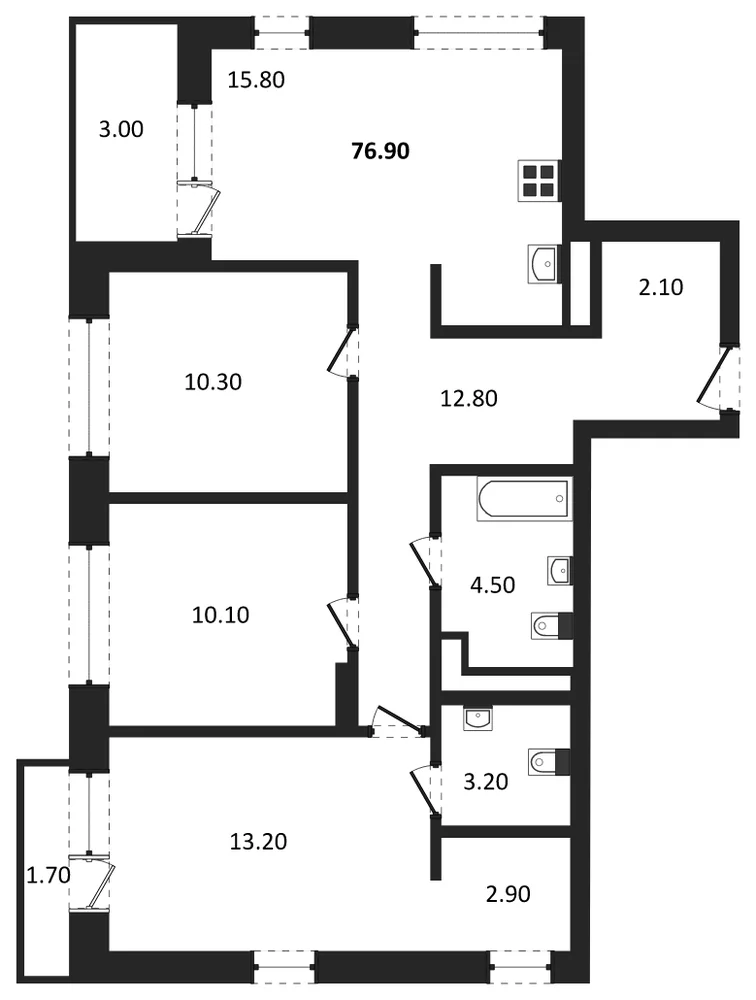 Планировка: 3-комн., 76,9 м²
