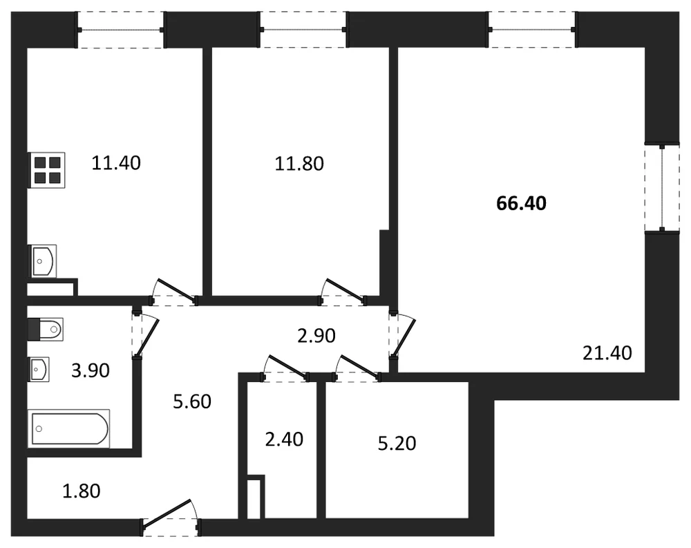 Планировка: 2-комн., 66,4 м²
