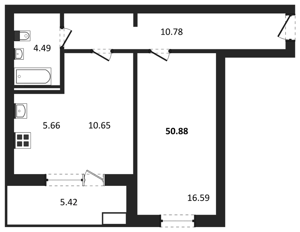 Планировка: 1-комн., 50,9 м²