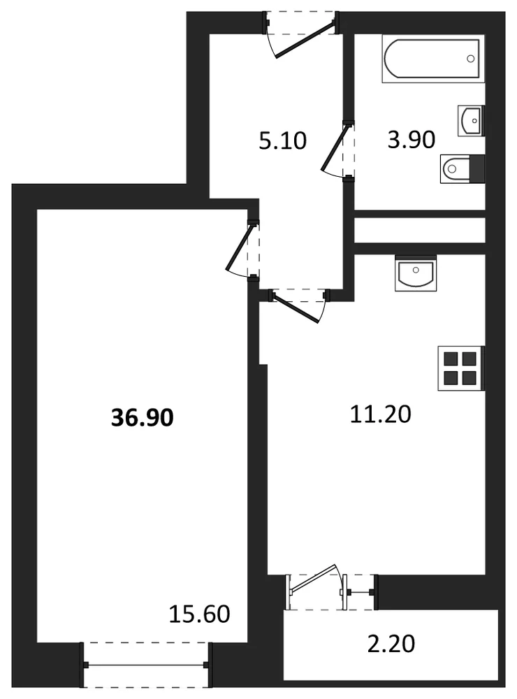 Планировка: 1-комн., 36,9 м²