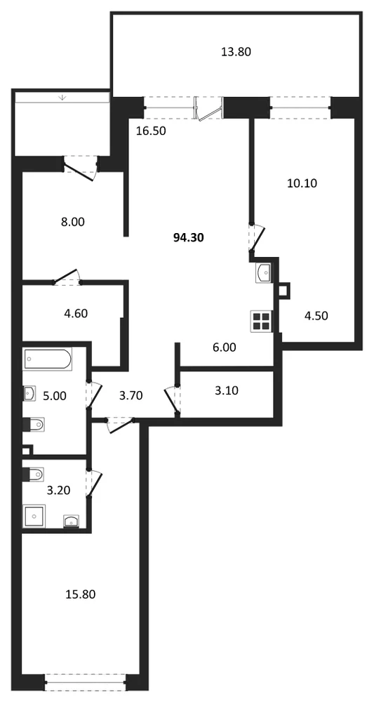 Планировка: 2-комн., 94,3 м²