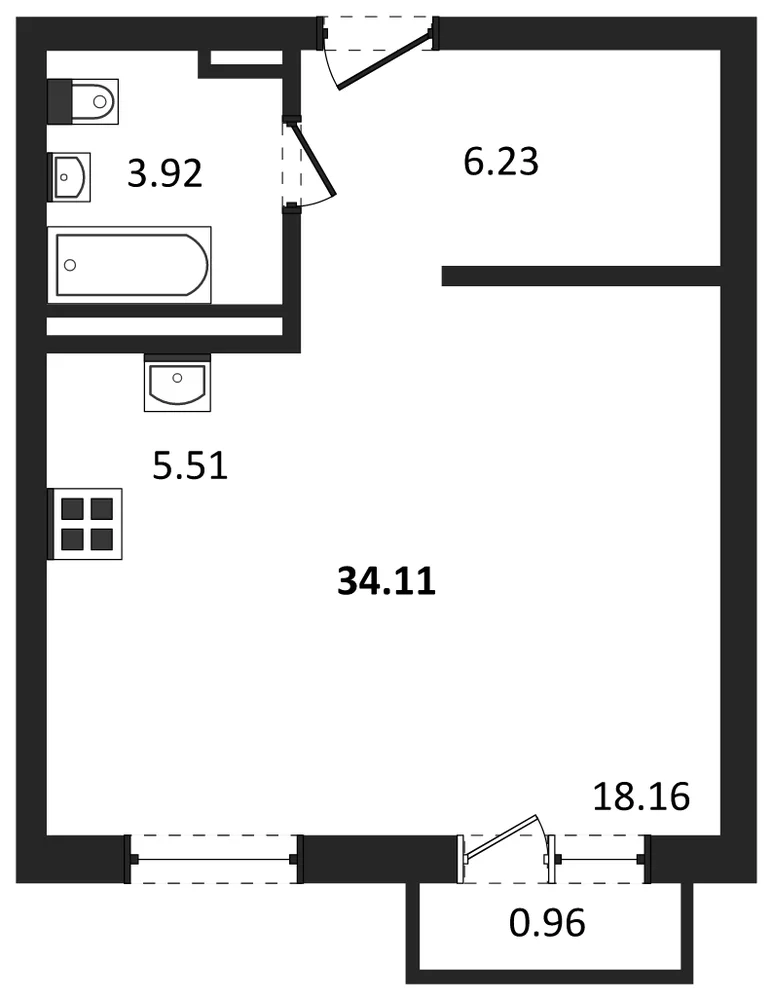 Планировка: Студия, 34,1 м²