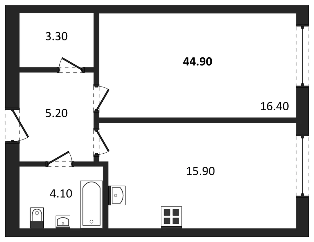 Планировка: 1-комн., 44,9 м²