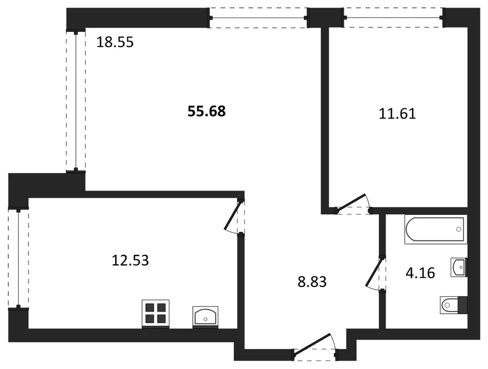 Планировка: 2-комн., 55 м²