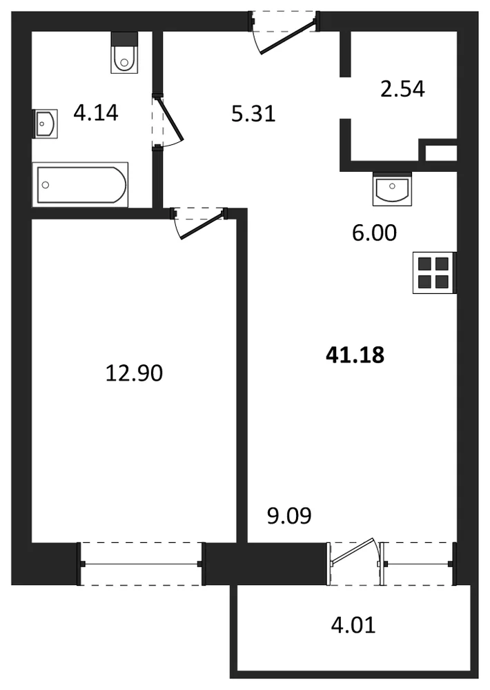 Планировка: 1-комн., 41,2 м²