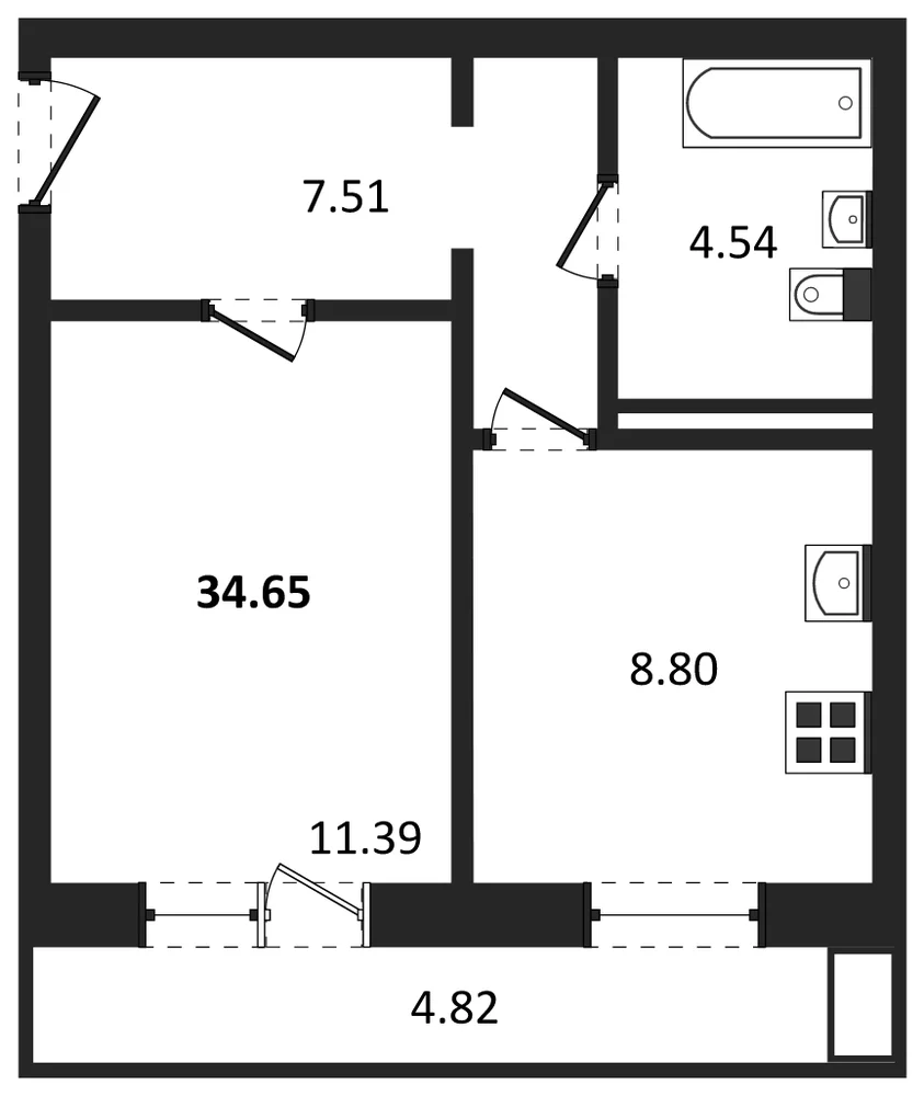 Планировка: 1-комн., 31,6 м²