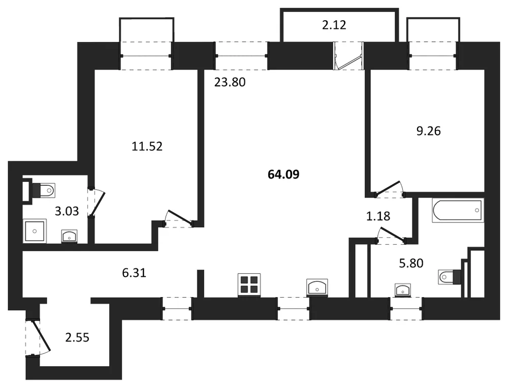 Планировка: 2-комн., 64,1 м²