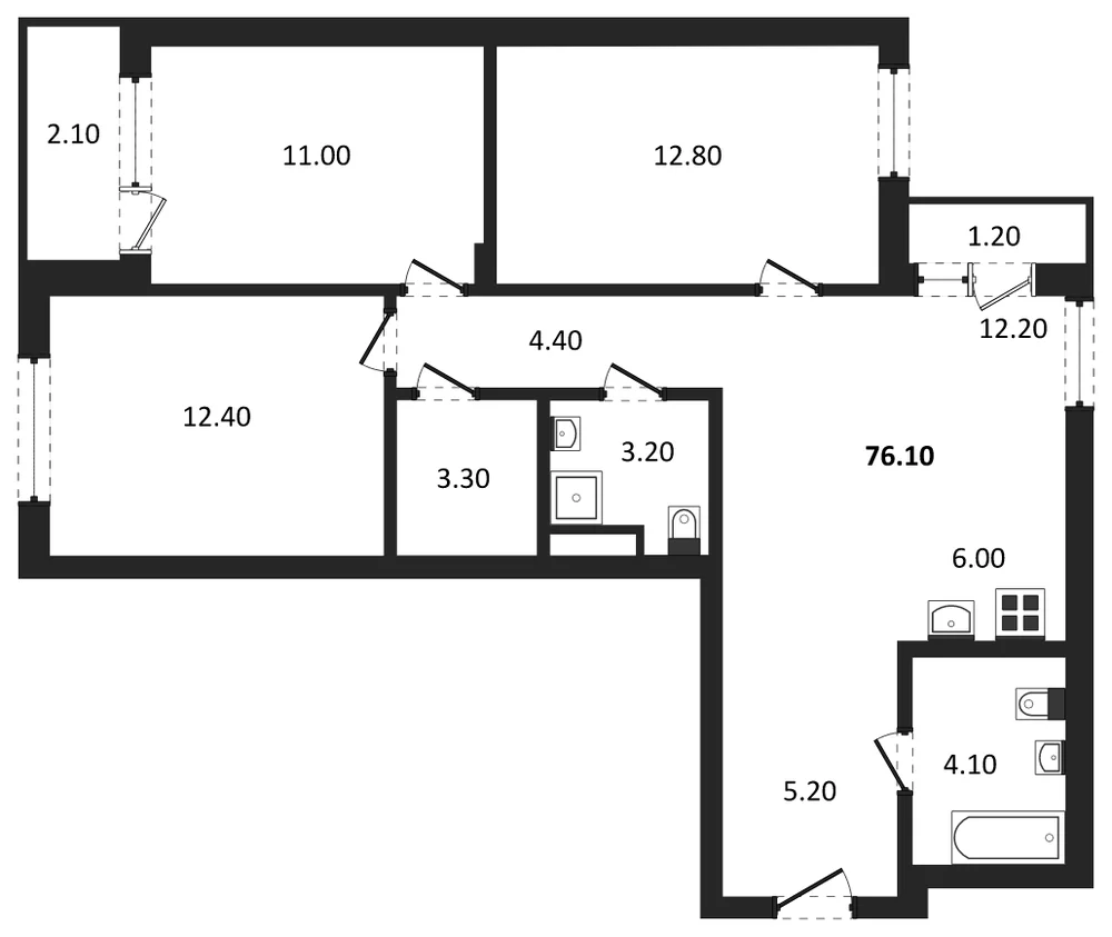 Планировка: 3-комн., 76 м²