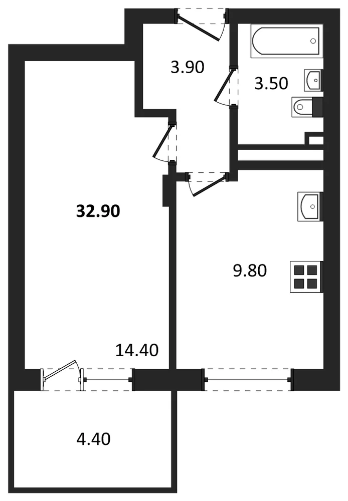 Планировка: 1-комн., 32,9 м²