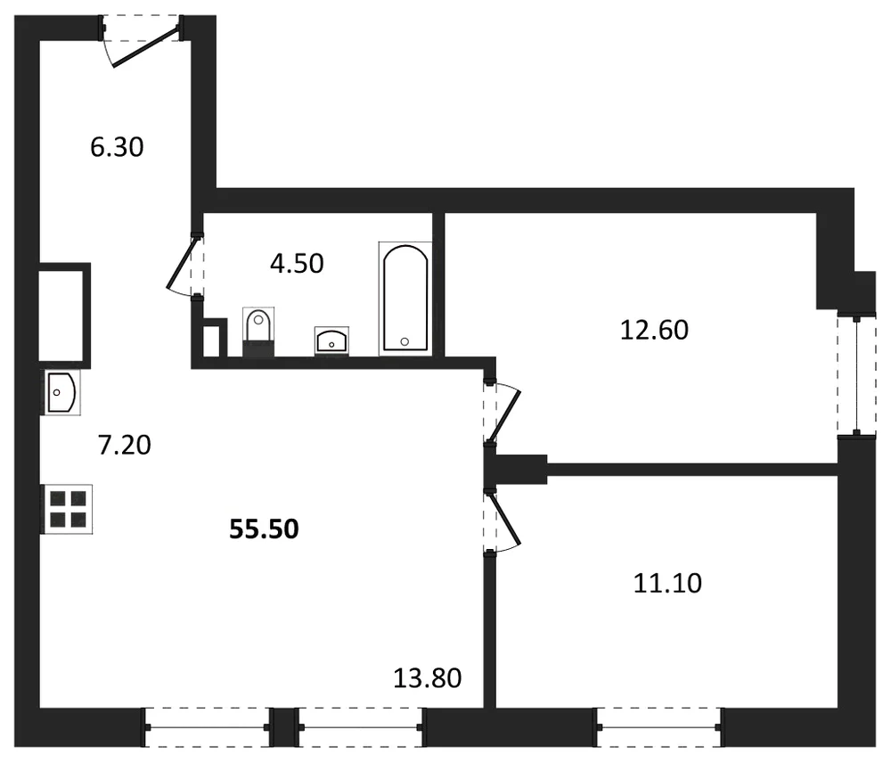 Планировка: 2-комн., 55,5 м²