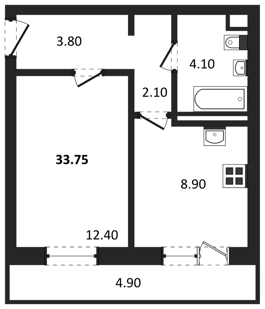 Планировка: 1-комн., 33,8 м²