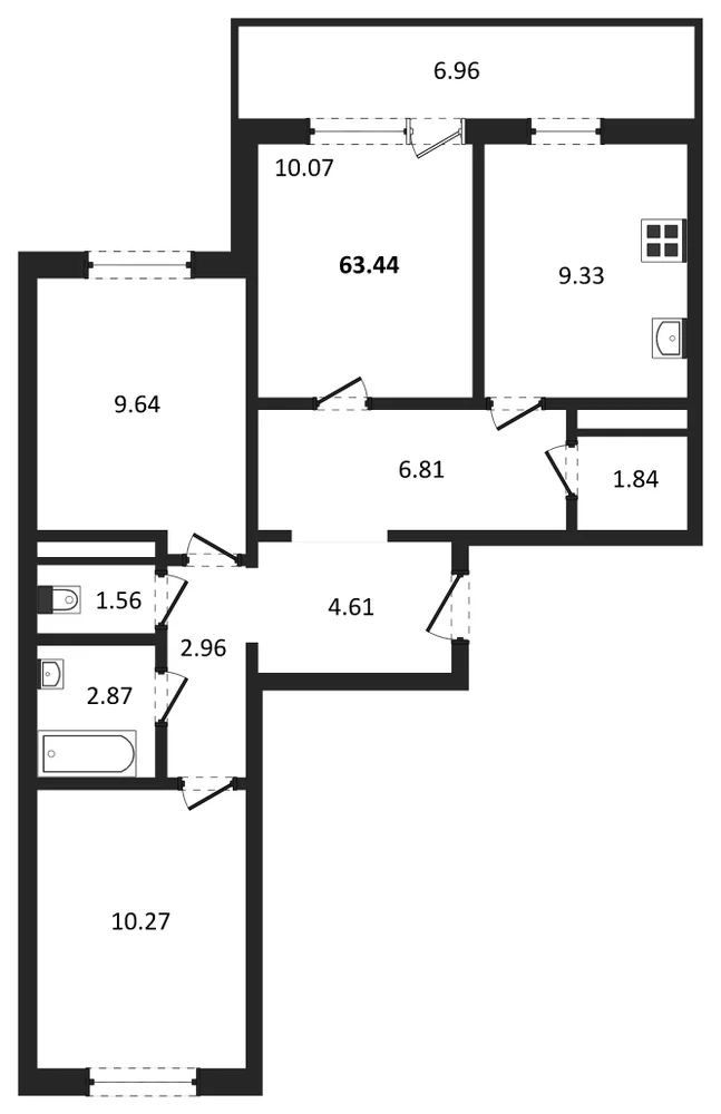Планировка: 3-комн., 63,4 м²