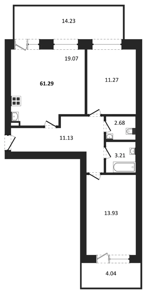 Планировка: 2-комн., 61 м²