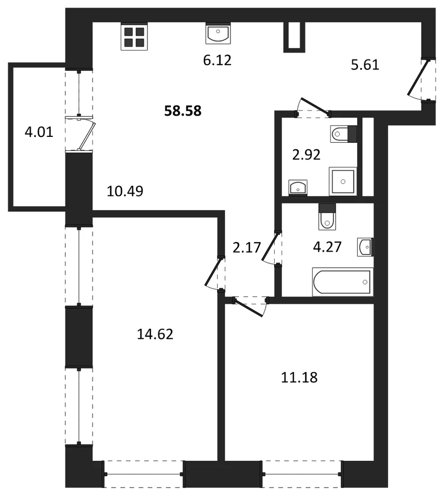 Планировка: 2-комн., 58,6 м²