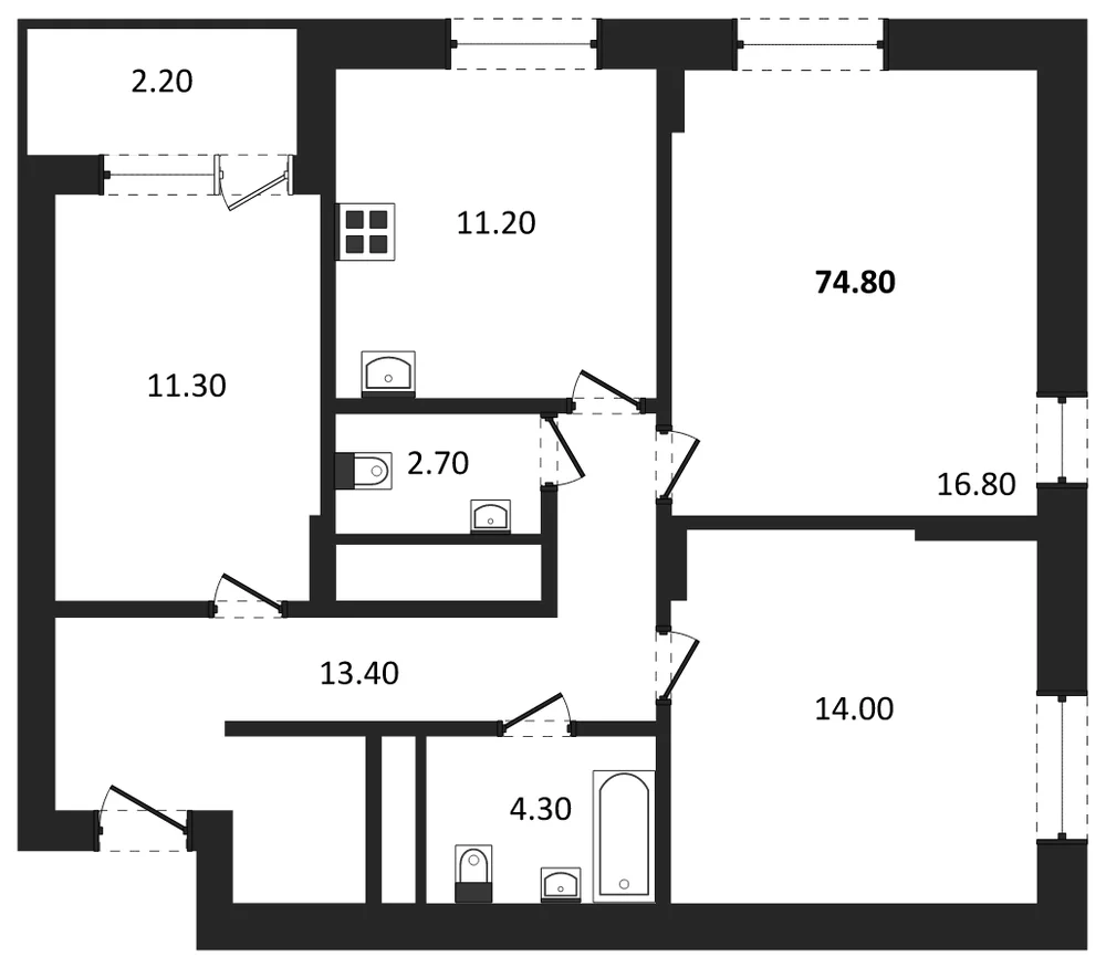 Планировка: 3-комн., 74,8 м²