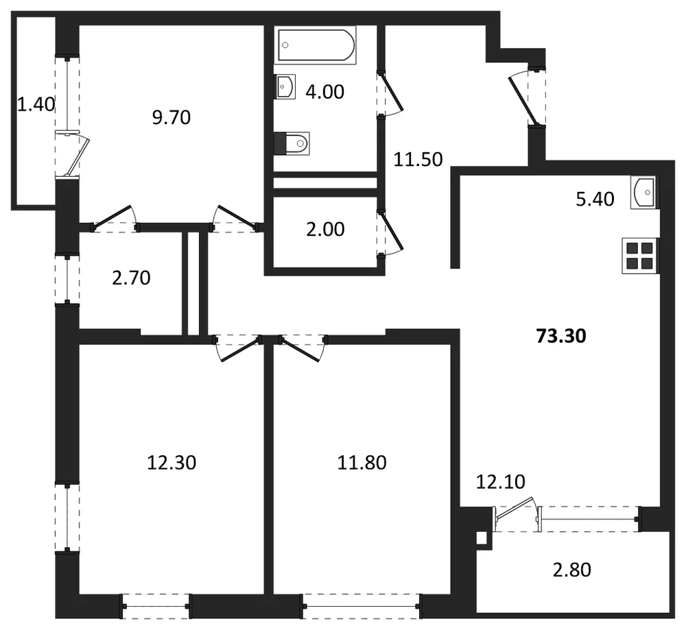 Планировка: 3-комн., 73,3 м²
