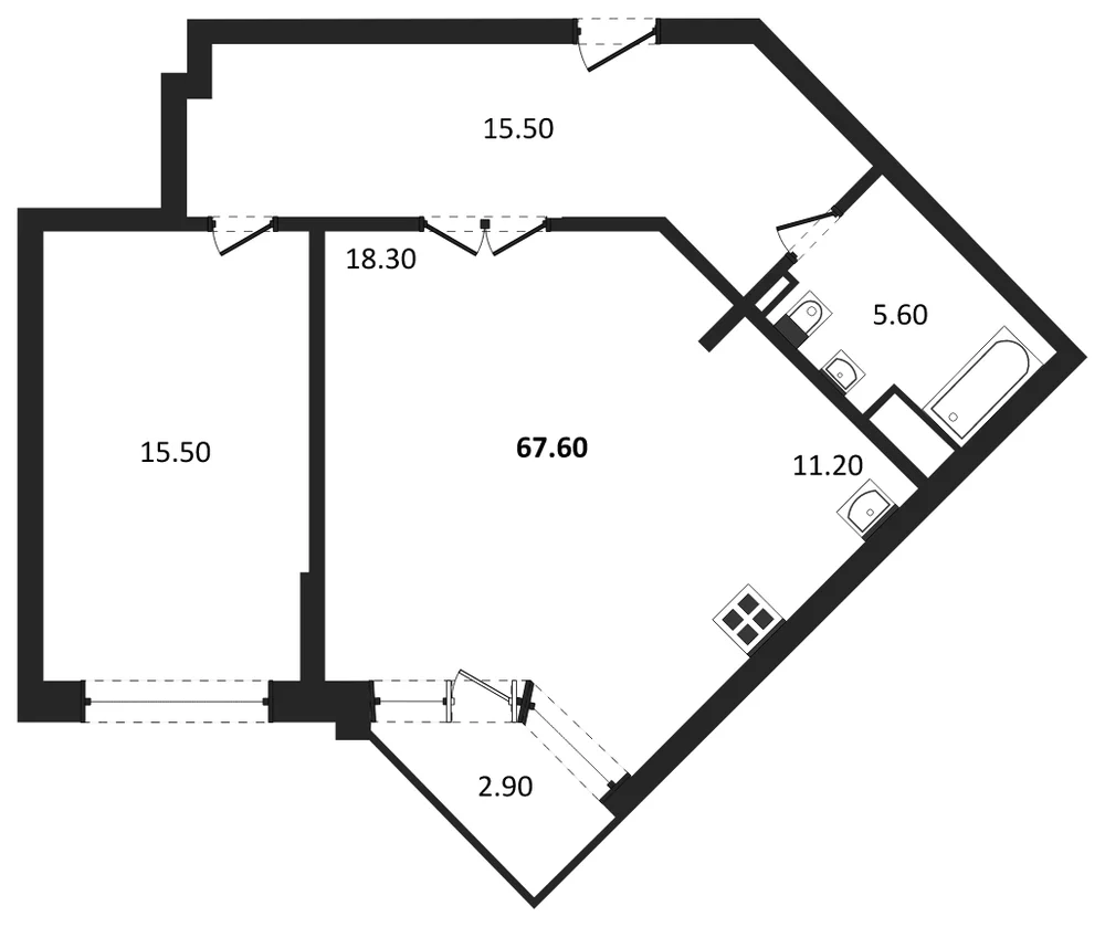 Планировка: 1-комн., 67,6 м²