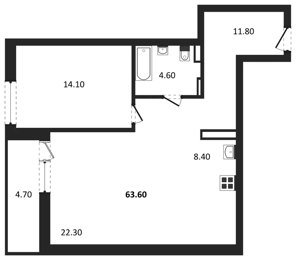 Планировка: 2-комн., 60,9 м²