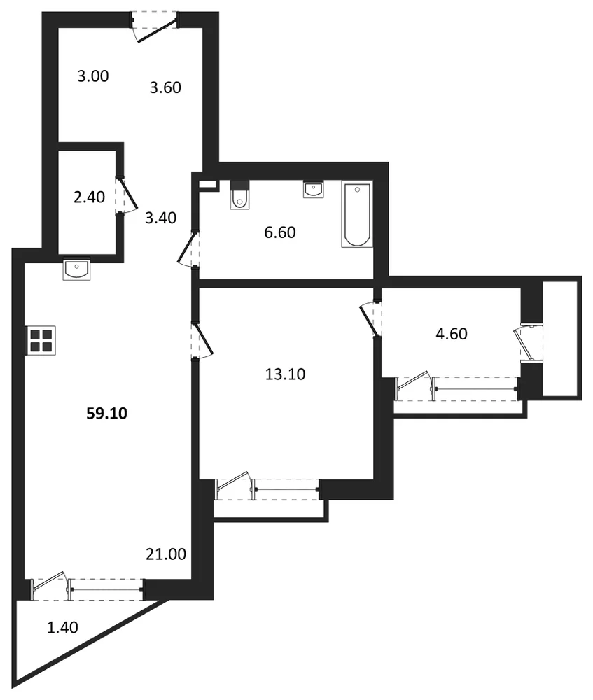Планировка: 1-комн., 59,1 м²