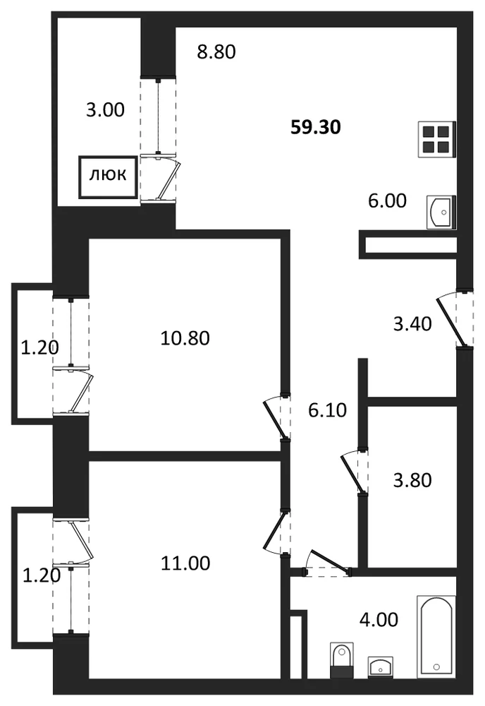 Планировка: 2-комн., 59,3 м²