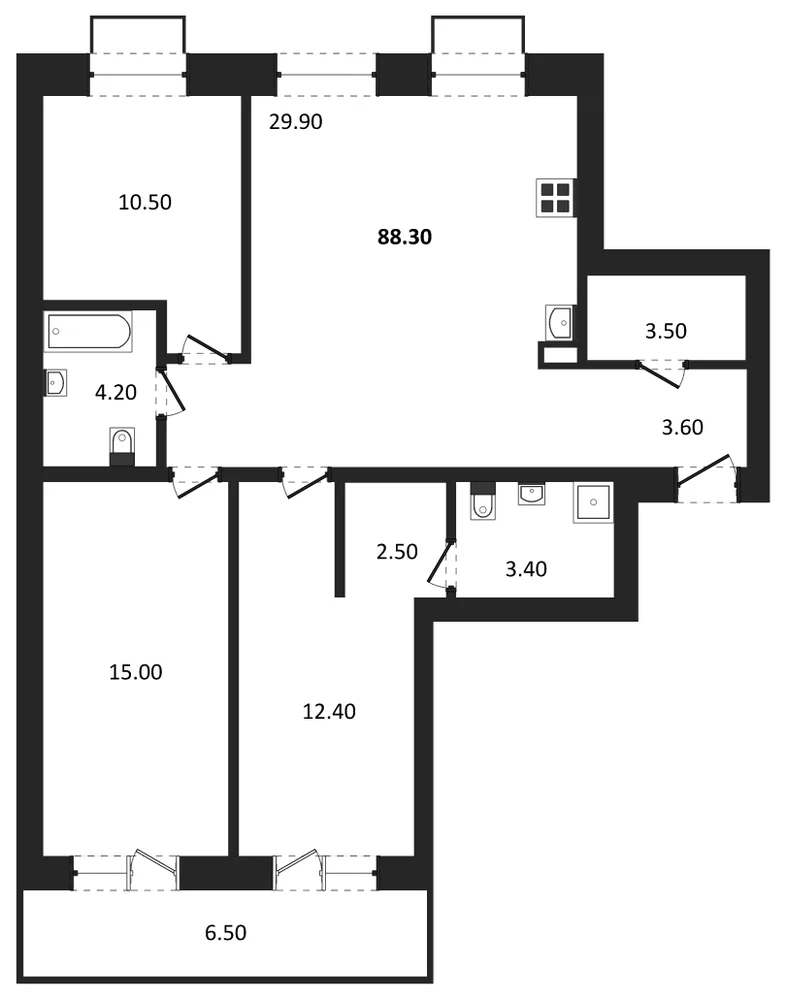 Планировка: 3-комн., 88,3 м²