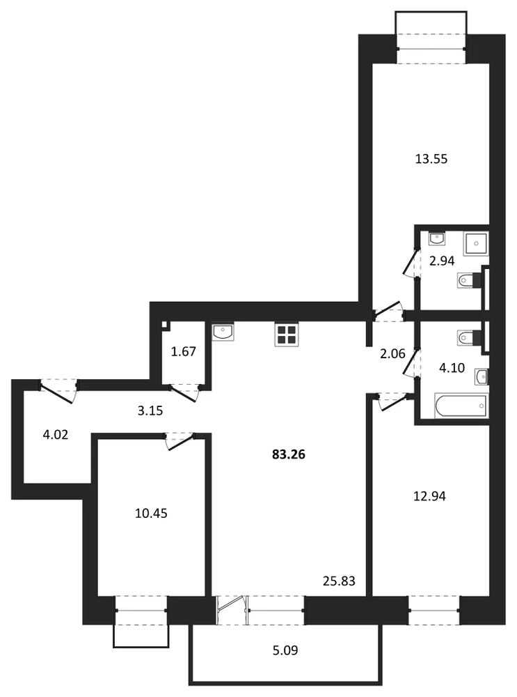 Планировка: 3-комн., 83,3 м²