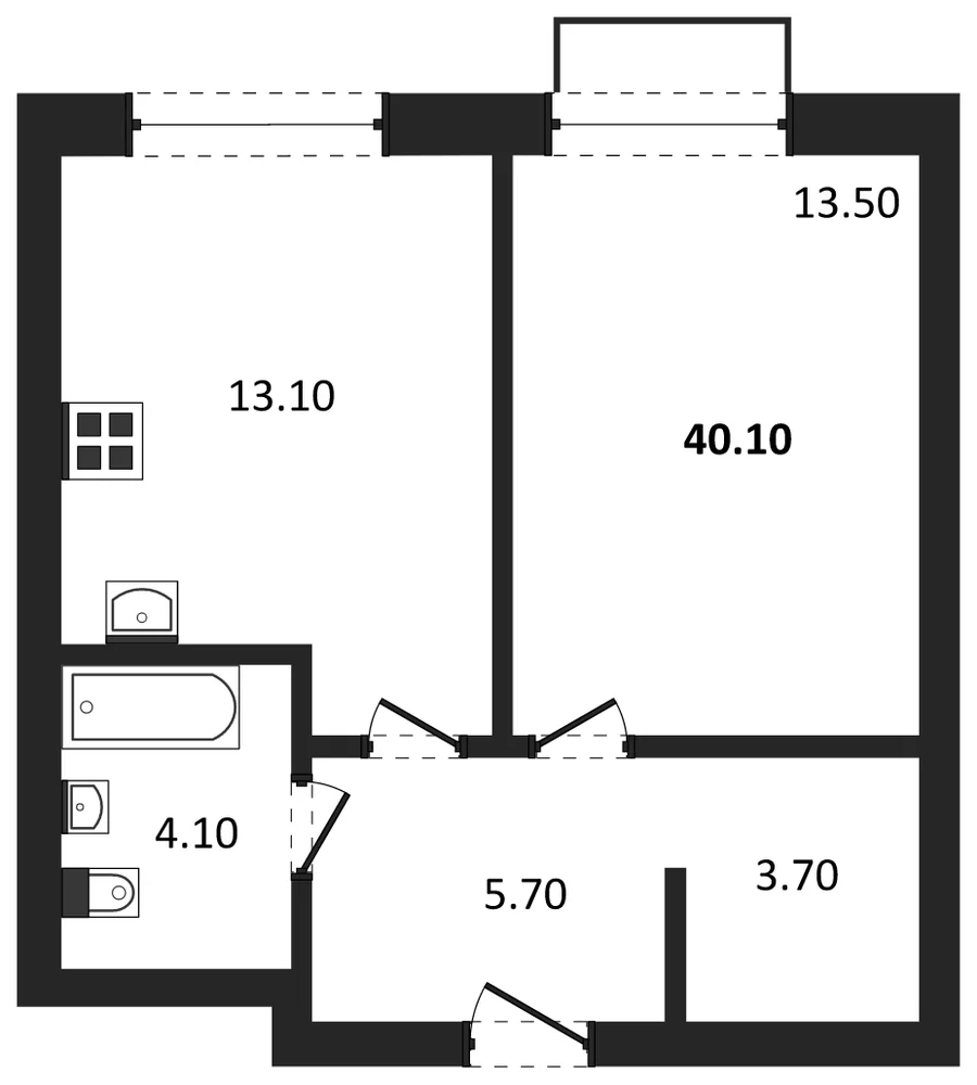 Планировка: 1-комн., 40,1 м²