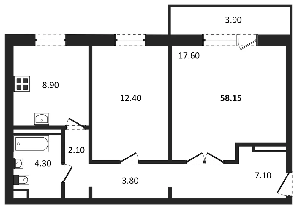 Планировка: 2-комн., 55,4 м²