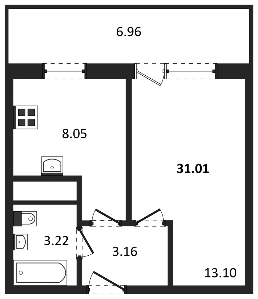 Планировка: 1-комн., 31 м²