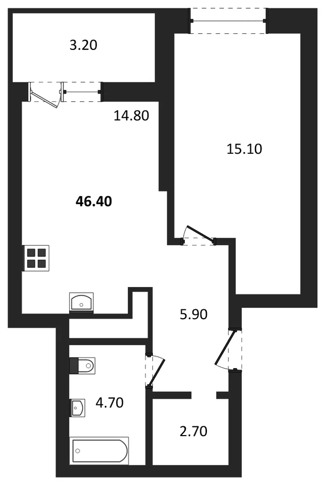 Планировка: 1-комн., 44,8 м²