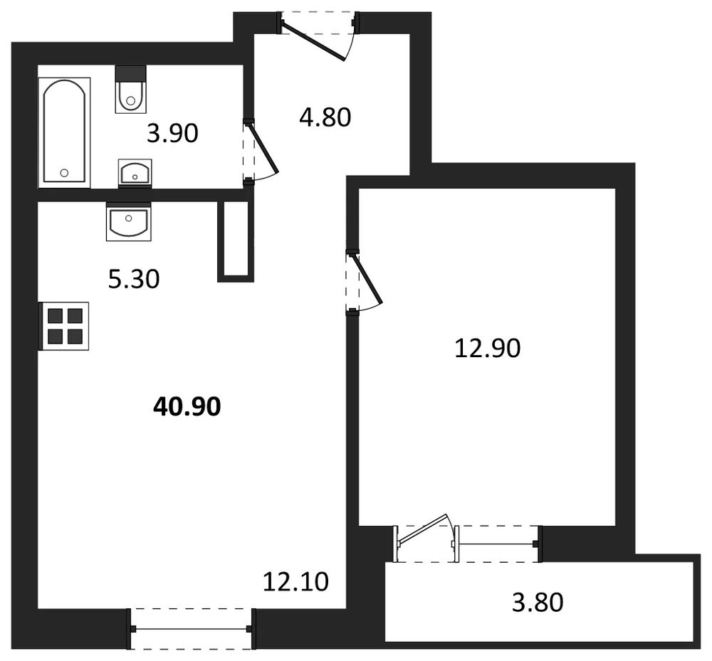 Планировка: 1-комн., 40,9 м²