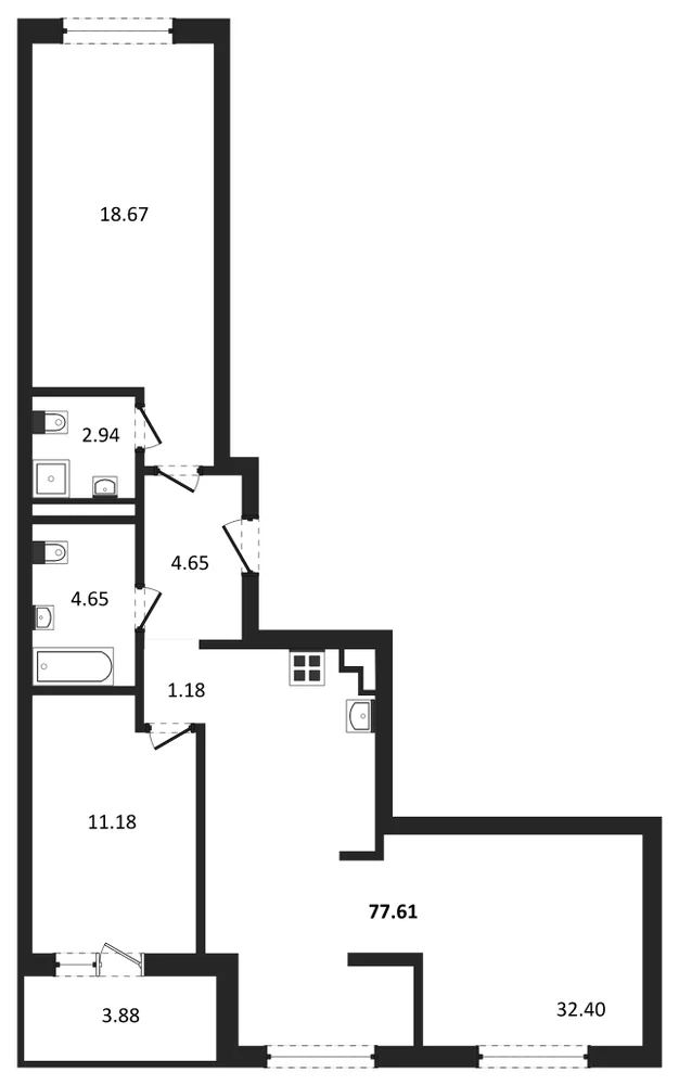 Планировка: 2-комн., 77,7 м²