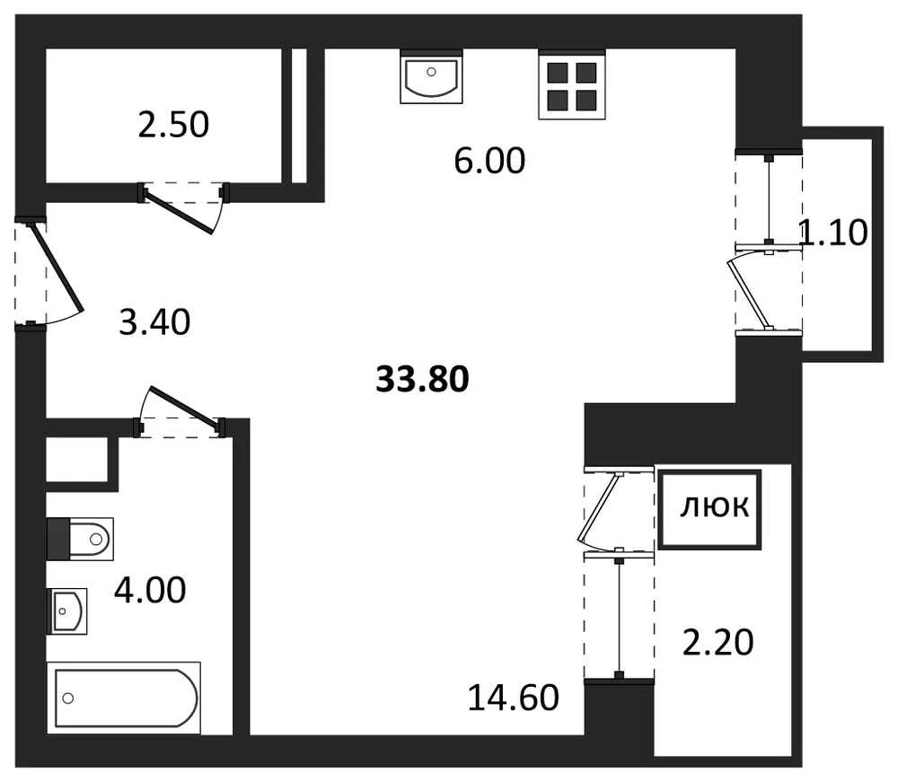 Планировка: Студия, 33,8 м²