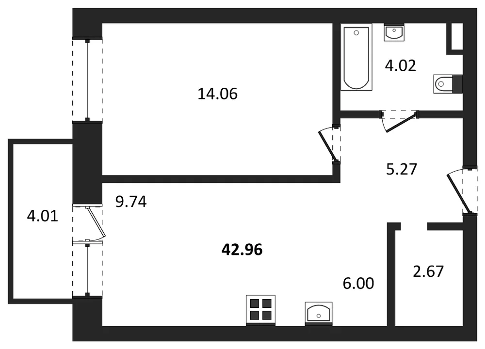 Планировка: 1-комн., 43 м²