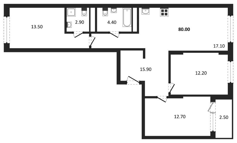Планировка: 3-комн., 80 м²