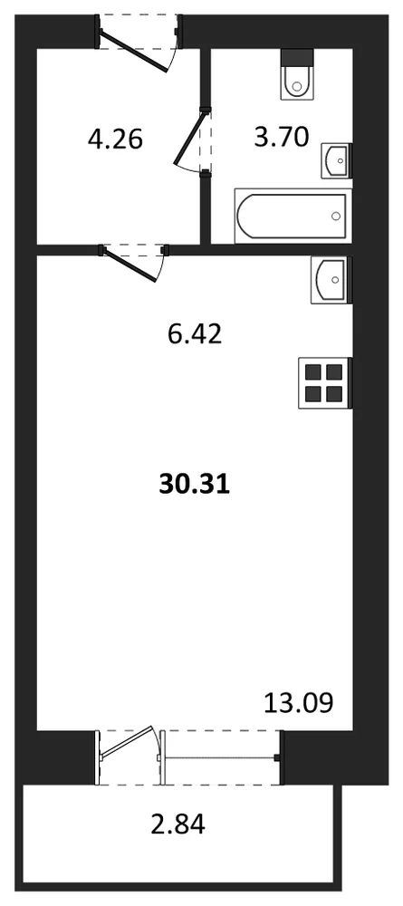 Планировка: Студия, 30,3 м²
