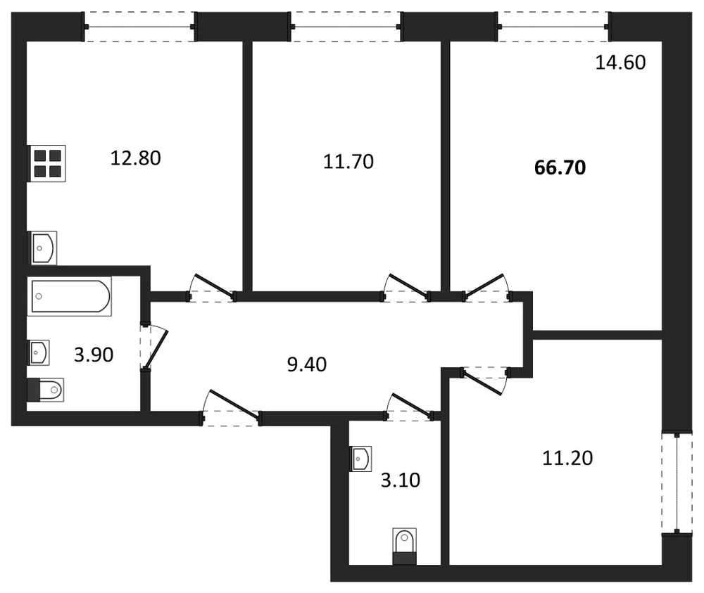 Планировка: 3-комн., 66,7 м²