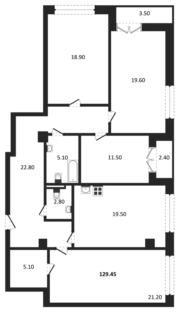 Планировка: 4-комн., 129,3 м²