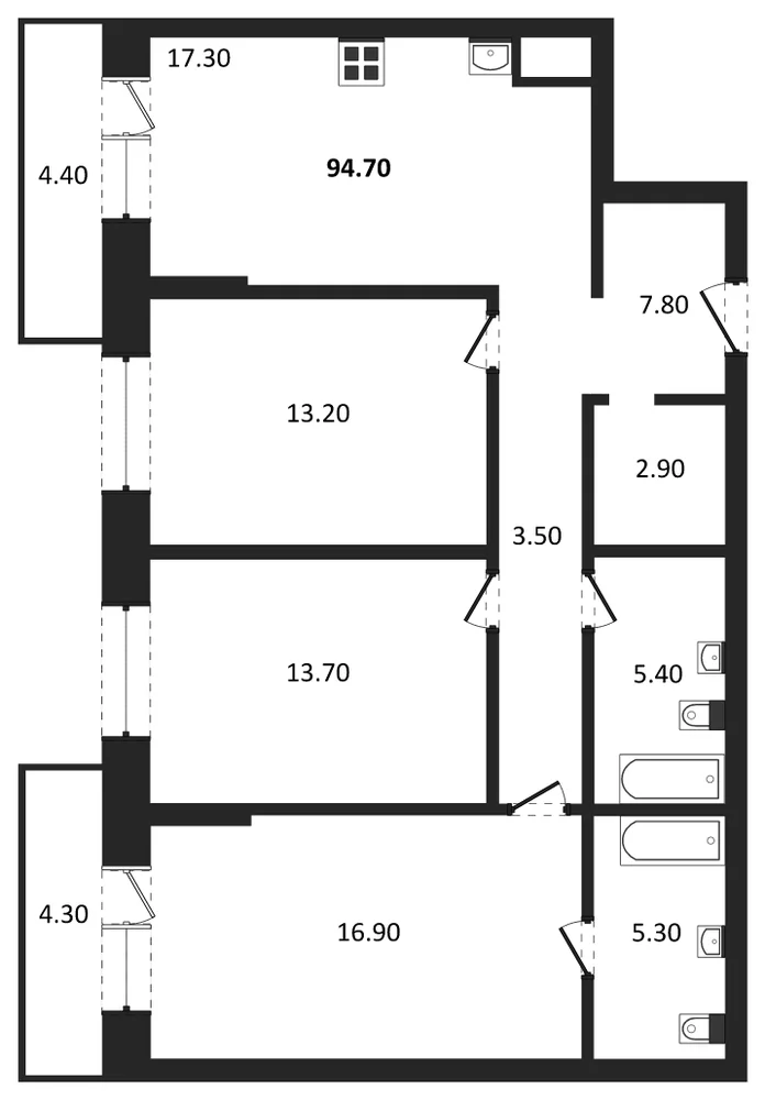 Планировка: 3-комн., 88,6 м²