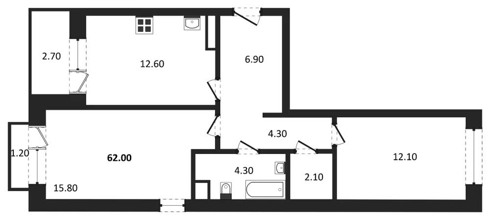Планировка: 2-комн., 62 м²
