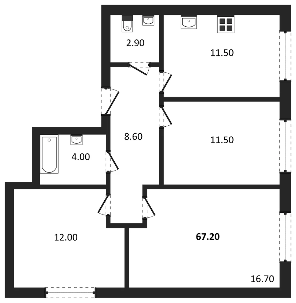 Планировка: 3-комн., 67,2 м²