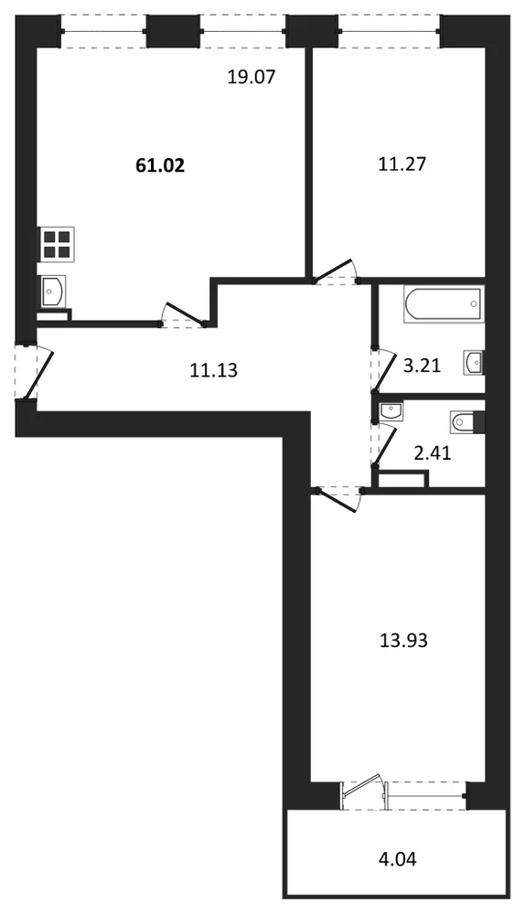 Планировка: 2-комн., 61 м²