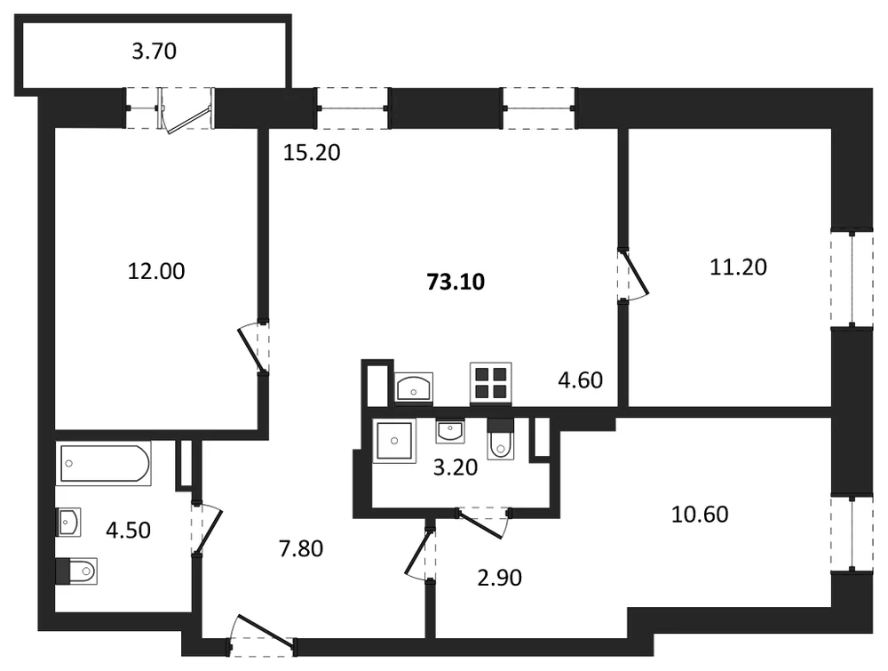 Планировка: 3-комн., 73,1 м²