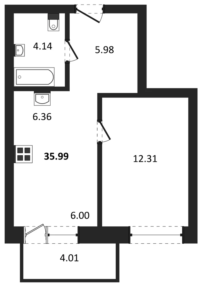 Планировка: 1-комн., 36 м²