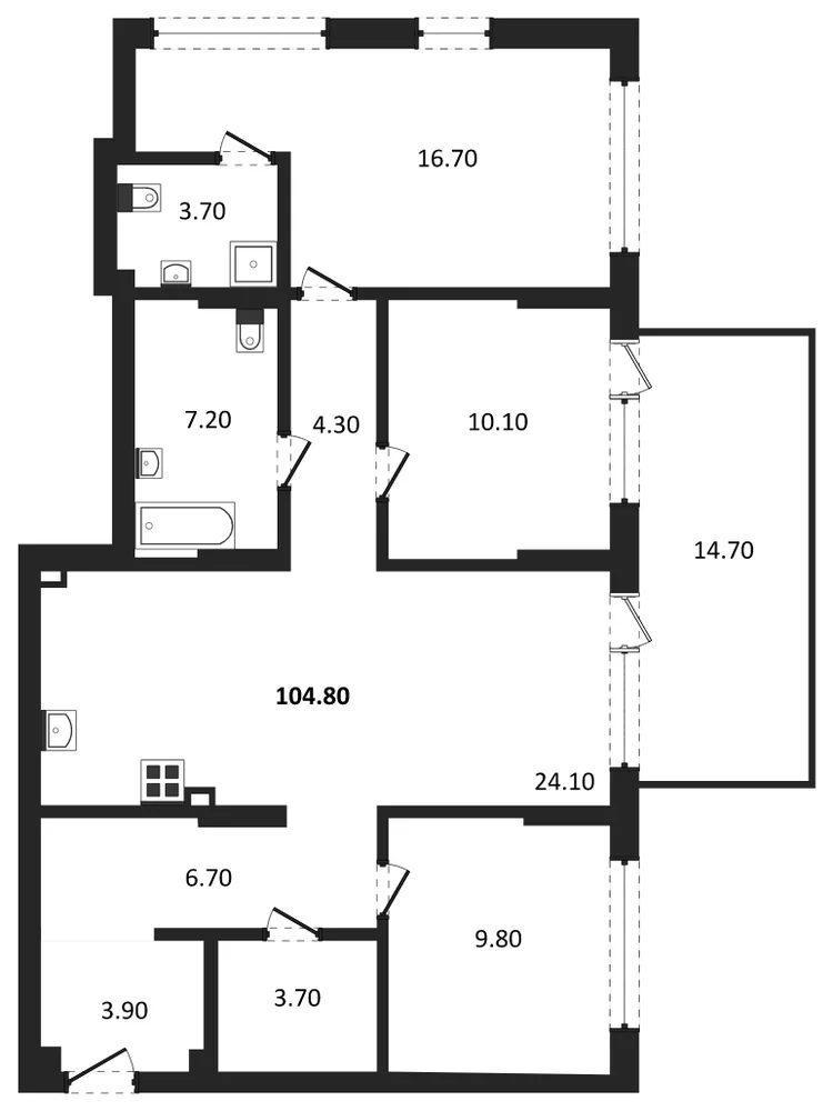 Планировка: 3-комн., 104,8 м²