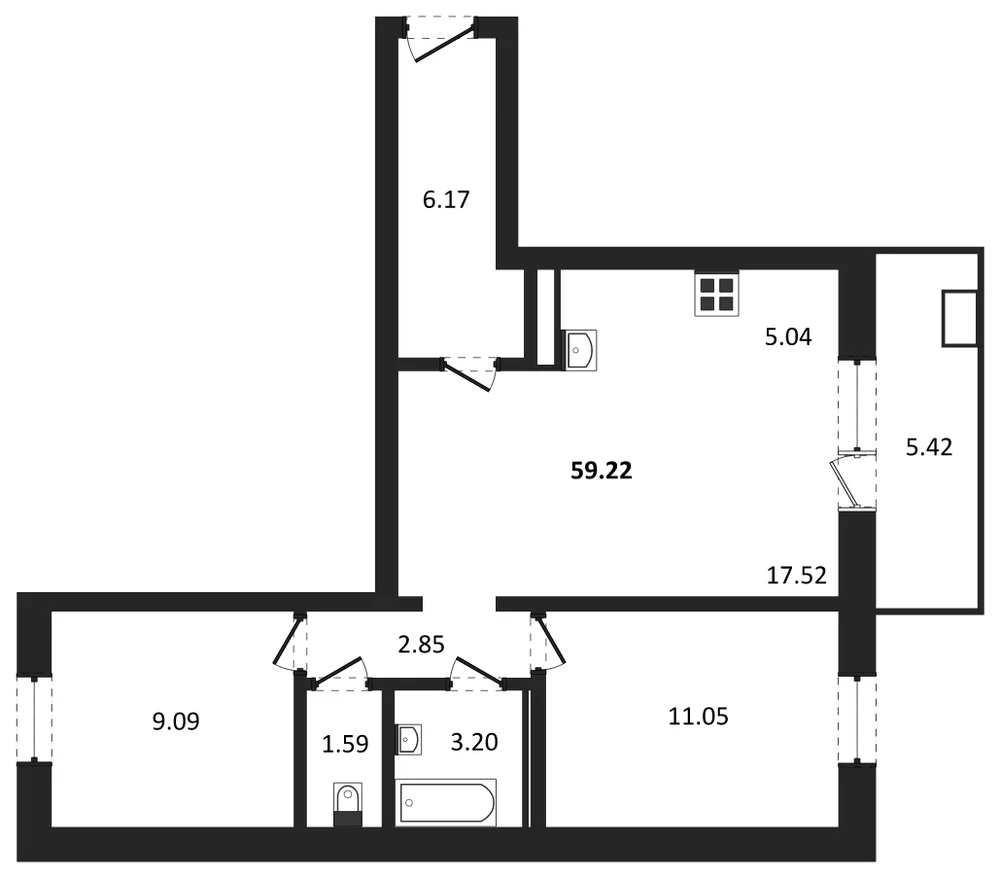 Планировка: 2-комн., 59,2 м²
