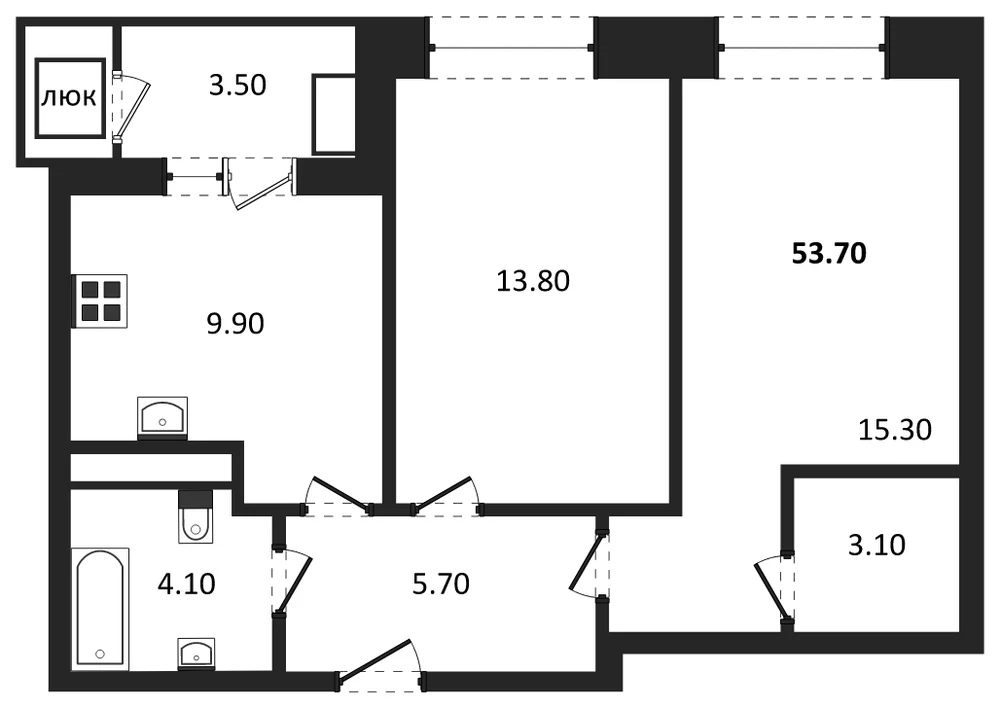 Планировка: 2-комн., 53,7 м²