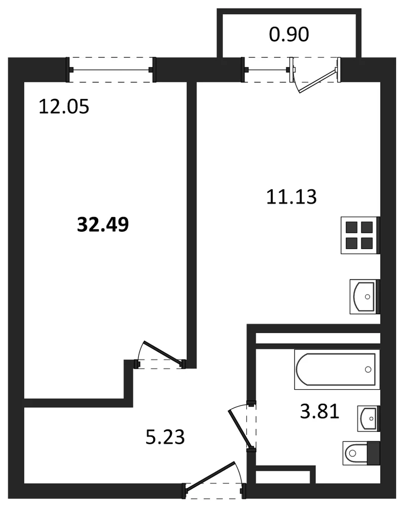 Планировка: 1-комн., 32,5 м²