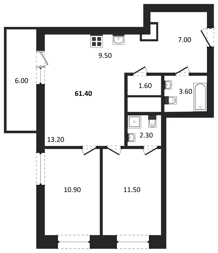 Планировка: 2-комн., 61,4 м²