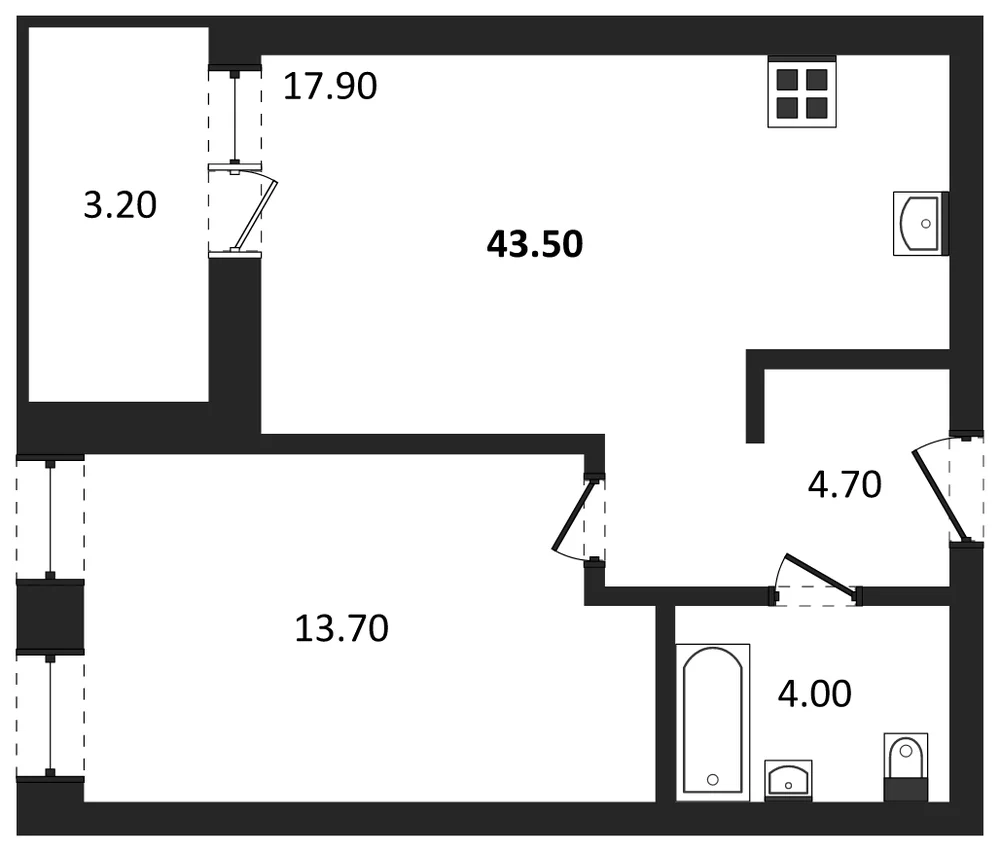 Планировка: 1-комн., 41,9 м²